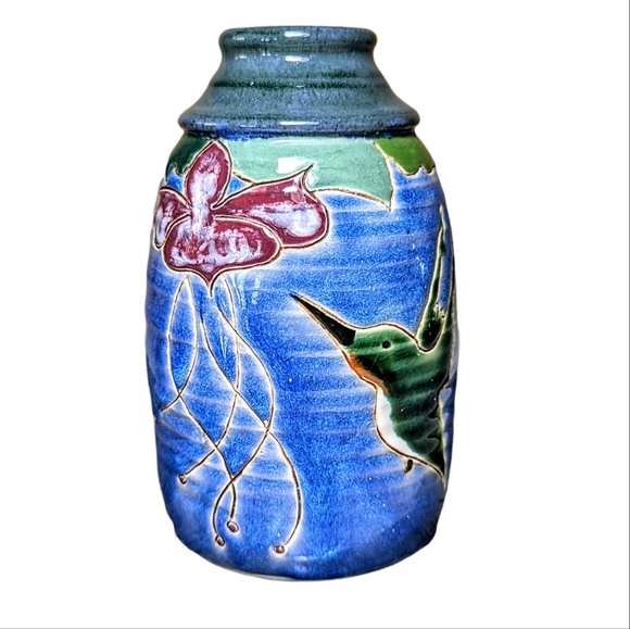 Art Pottery Hand Painted Hummingbird Floral Vase Planter - Picture 1 of 10